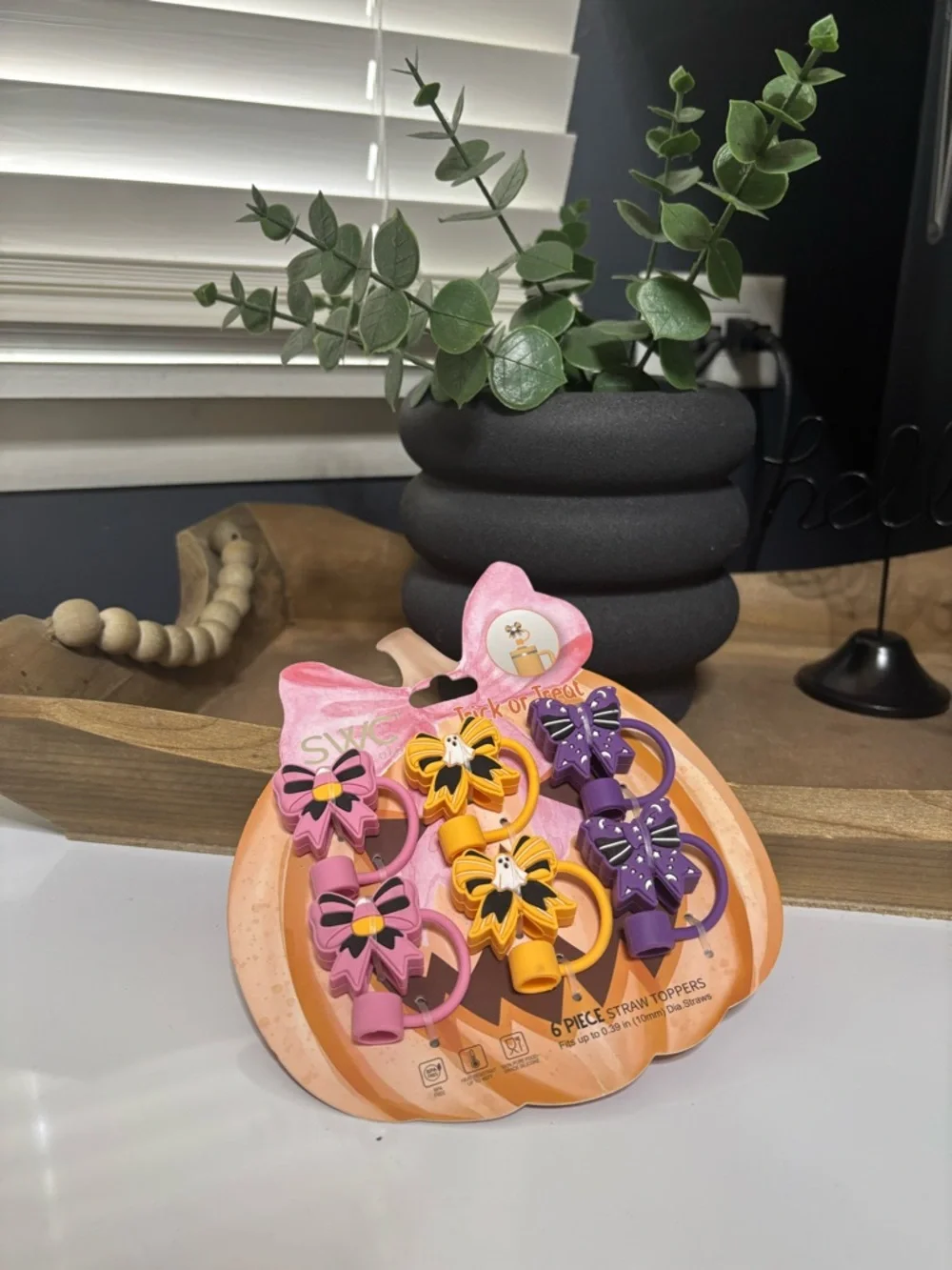 Halloween Bow Straw Toppers - Pink, Yellow, Purple 6pcs